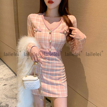 Yipinpay Plaid Pink Outfit Button V-Neck Knitting Two Piece Set Women Mini Skirt Kawaii Lady Long Sleeve Crop Top Korean Clothes